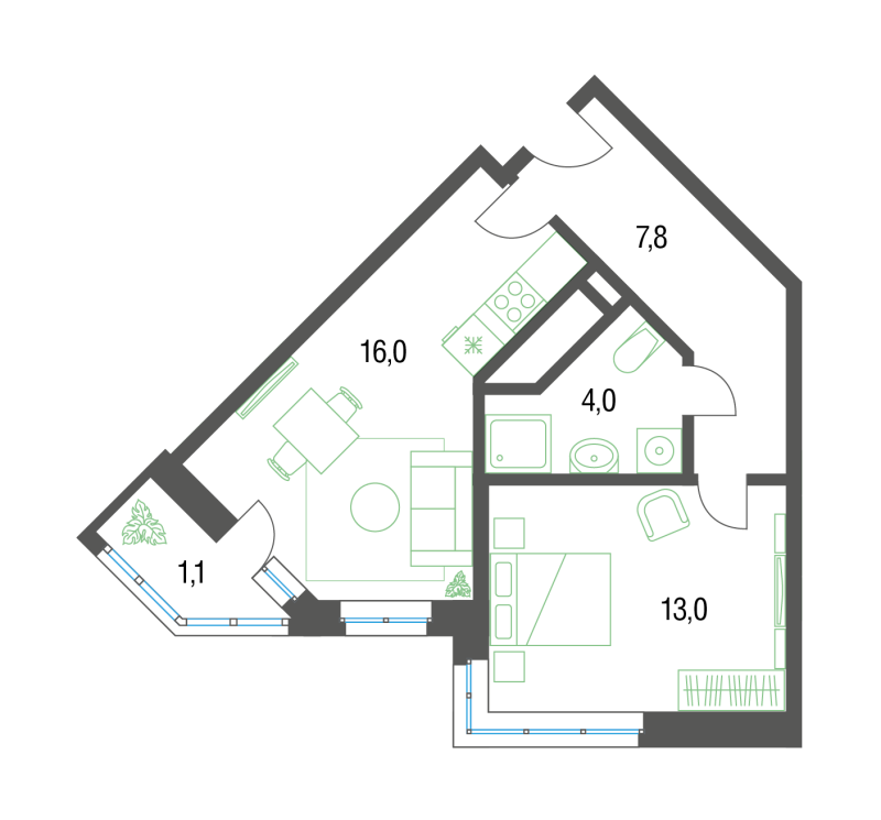2 ккв (Евро) 42 м²