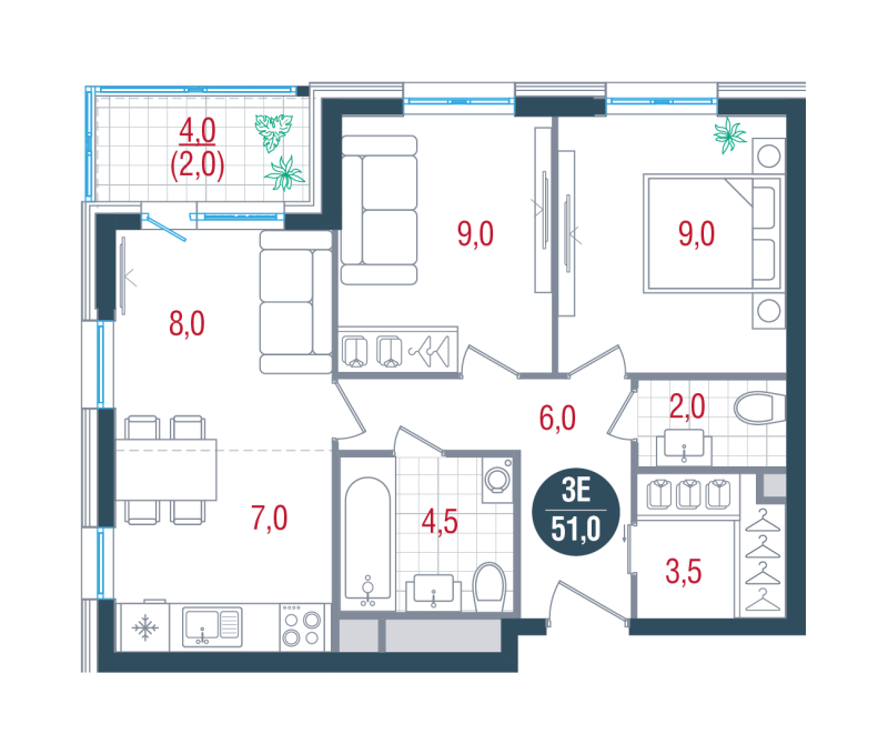 3 ккв (Евро) 51 м²