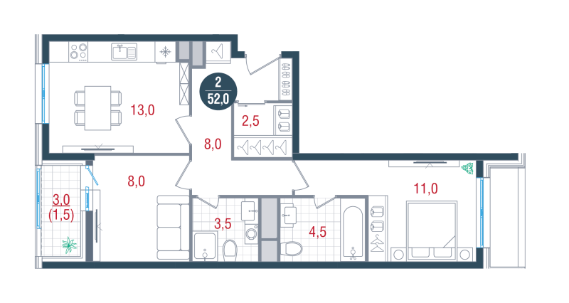2 ккв 52 м²