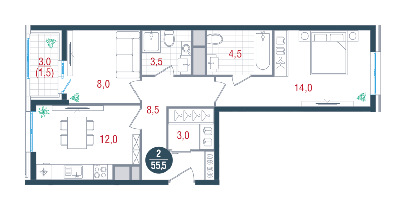 2 ккв 55 м²