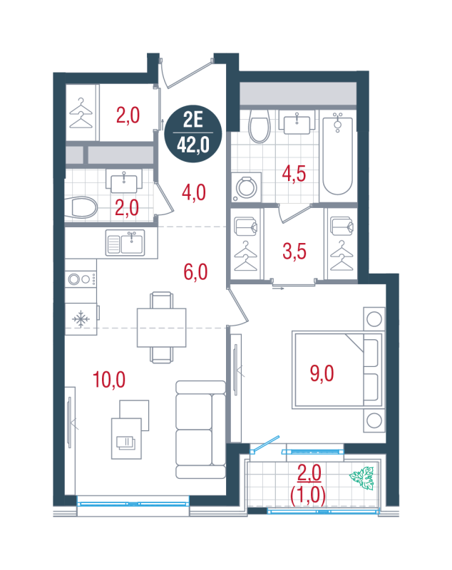 2 ккв (Евро) 42 м²