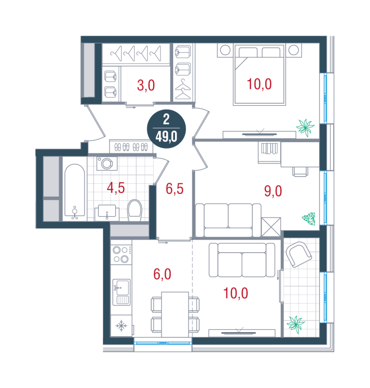 3 ккв (Евро) 49 м²