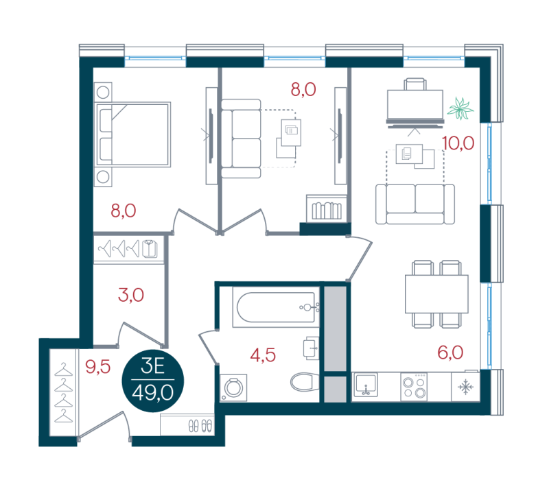 3 ккв (Евро) 49 м²