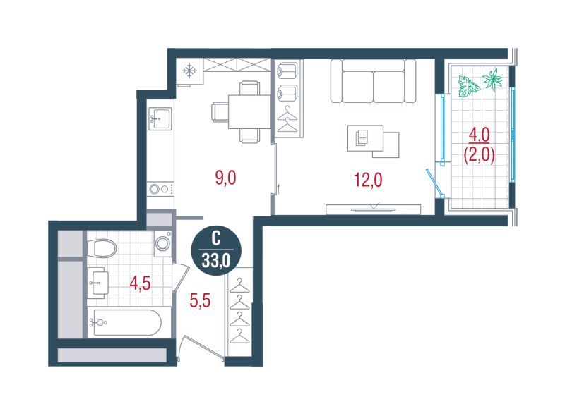 Студия 33 м²