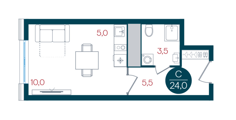 Студия 24 м²