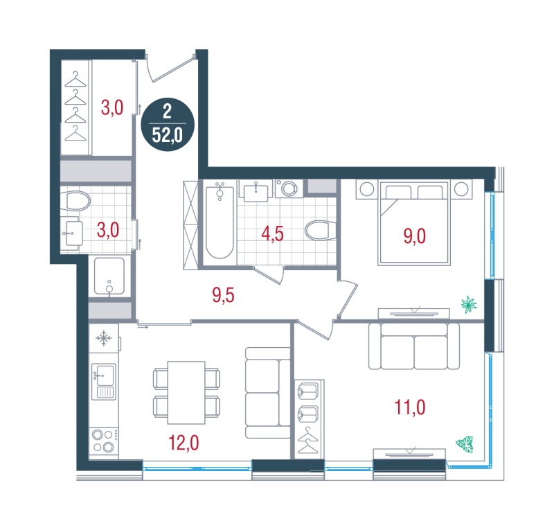 2 ккв 52 м²