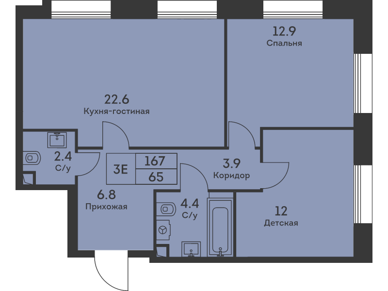 3 ккв (Евро) 64,9 м²