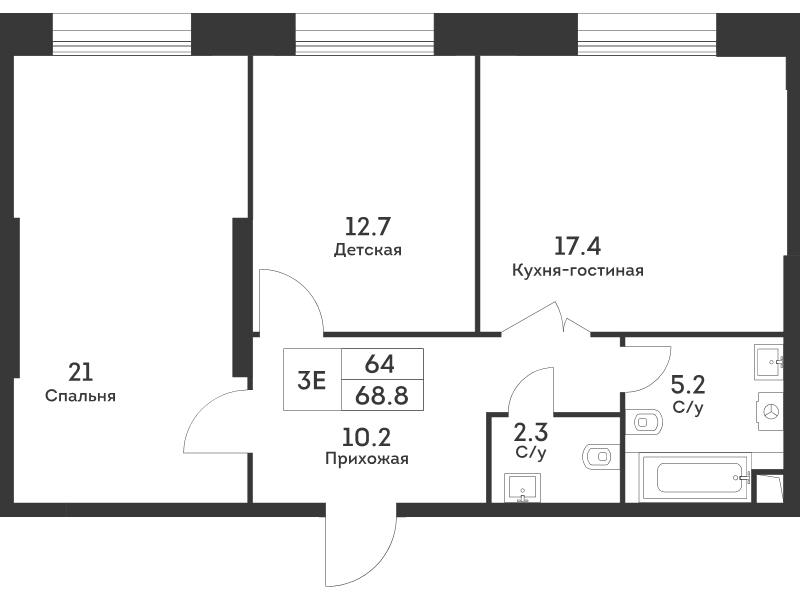 3 ккв (Евро) 68,8 м²