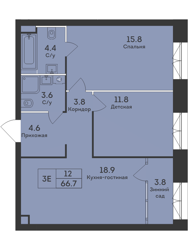 3 ккв (Евро) 66,7 м²