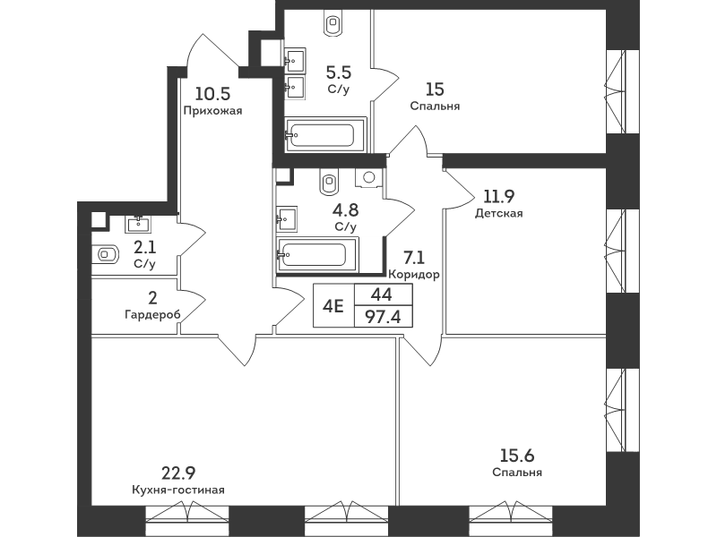 4 ккв (Евро) 97,4 м²