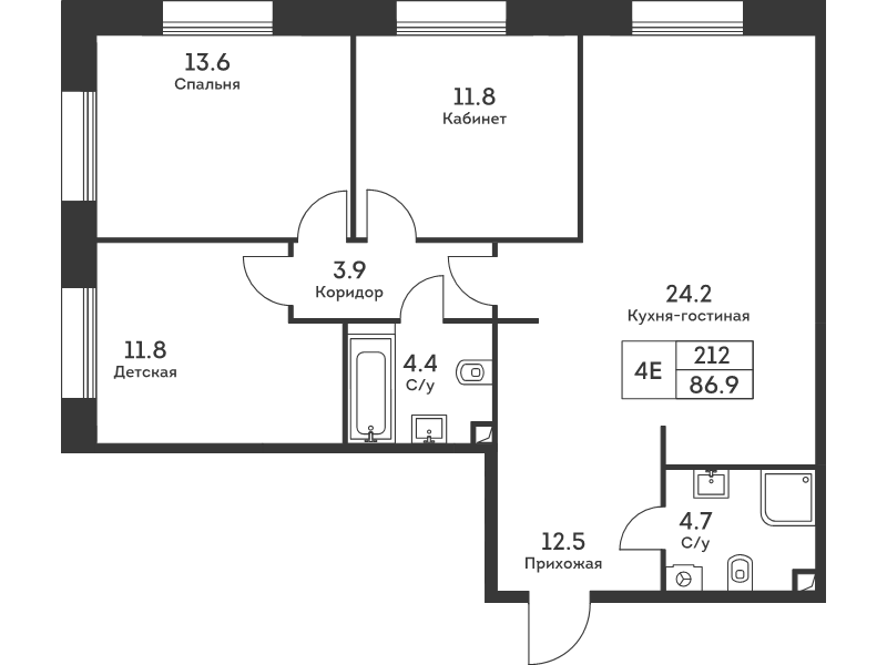 4 ккв (Евро) 86,8 м²