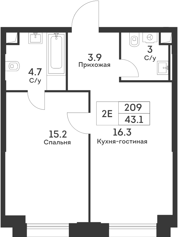 2 ккв (Евро) 43,1 м²