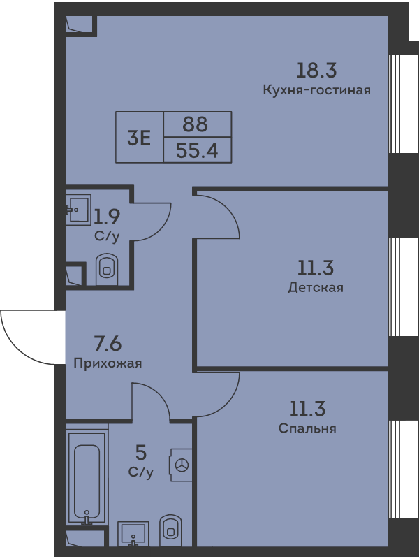 3 ккв (Евро) 55,6 м²