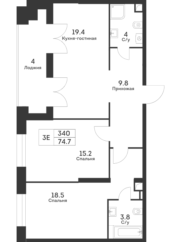 3 ккв (Евро) 74,8 м²