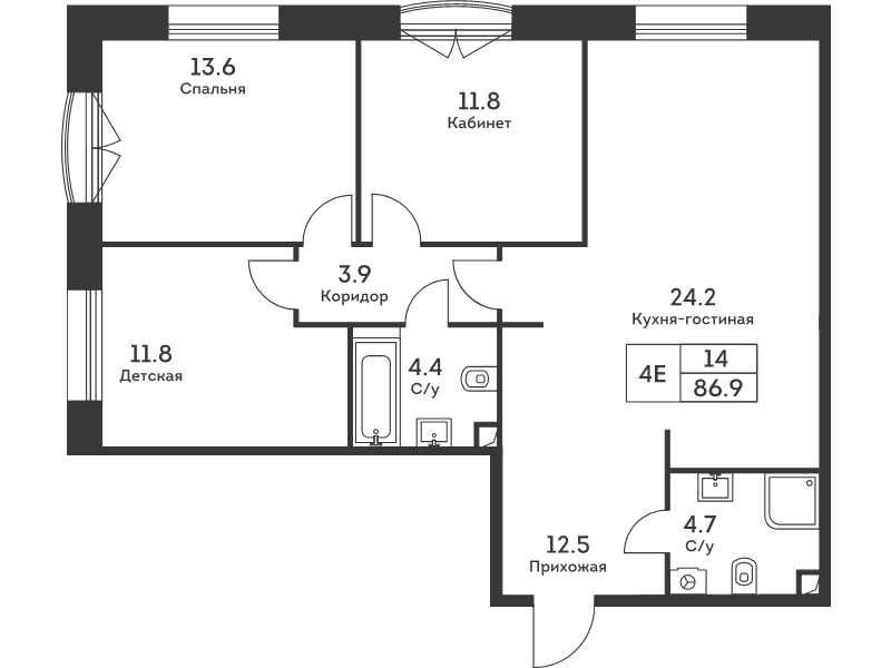 4 ккв (Евро) 86,9 м²