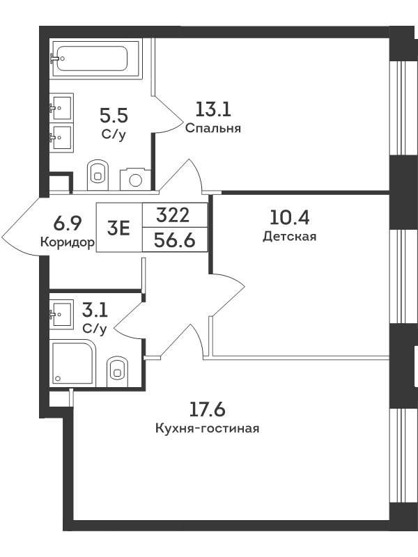 3 ккв (Евро) 56,6 м²