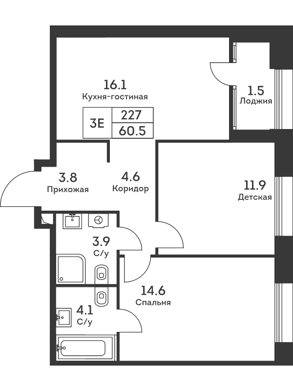 3 ккв (Евро) 60,8 м²