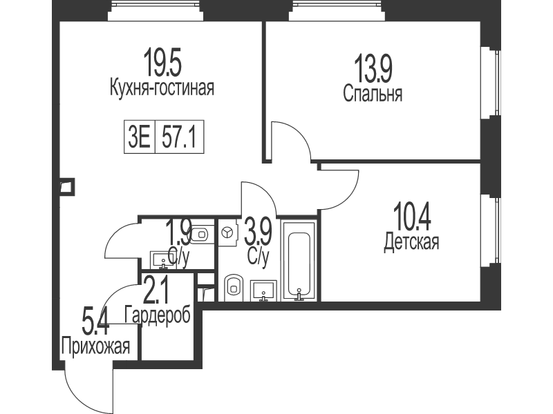 3 ккв (Евро) 57,1 м²