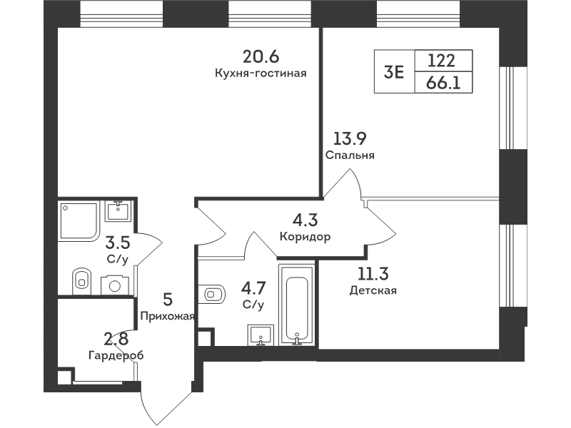 3 ккв (Евро) 66,1 м²