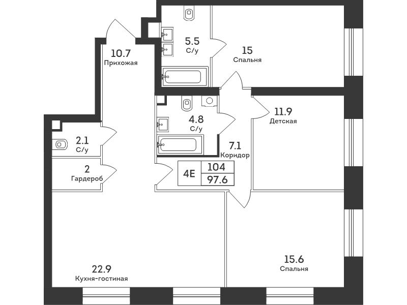 4 ккв (Евро) 97,6 м²