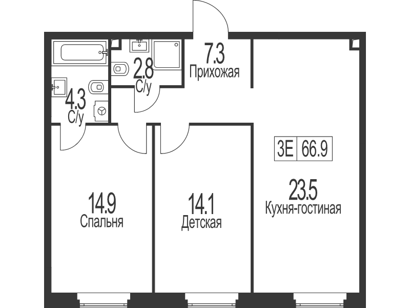 3 ккв (Евро) 66,9 м²