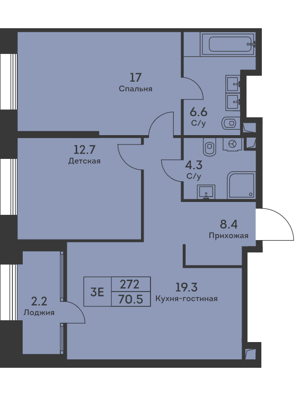 3 ккв (Евро) 70,8 м²