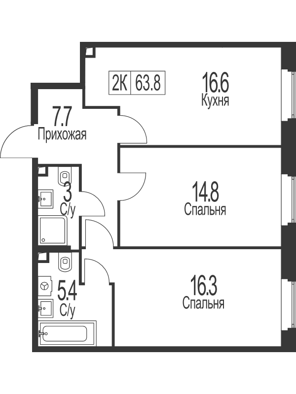 3 ккв (Евро) 63,8 м²