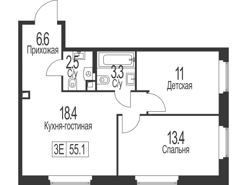 3 ккв (Евро) 55,1 м²
