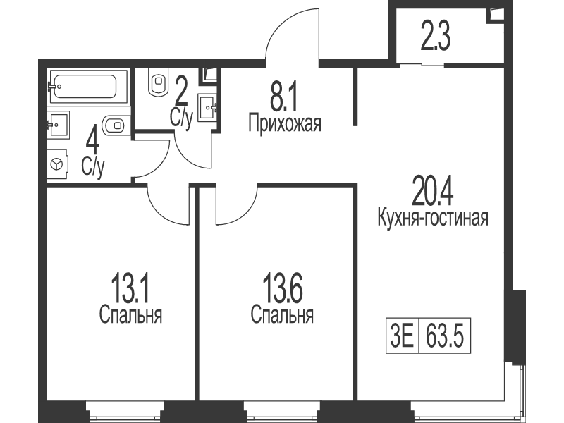 3 ккв (Евро) 63,5 м²