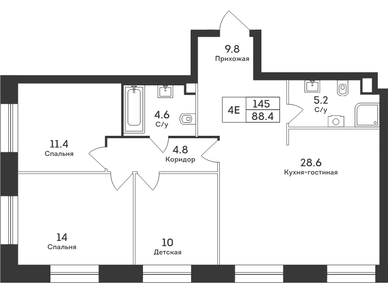 4 ккв (Евро) 88,4 м²