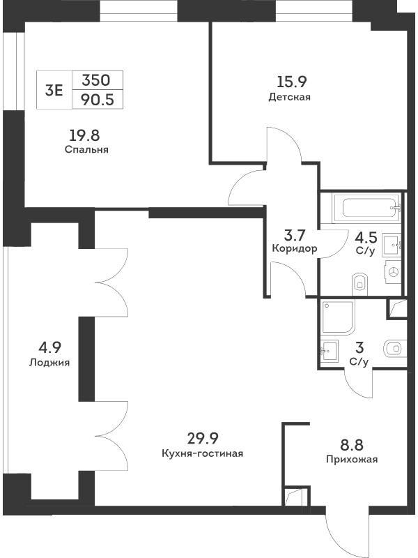 3 ккв (Евро) 90,7 м²