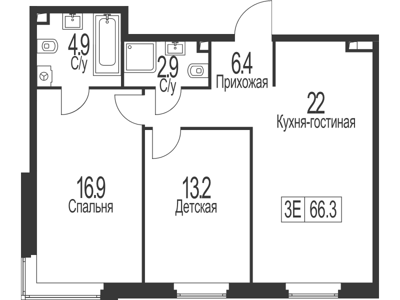 3 ккв (Евро) 66,3 м²