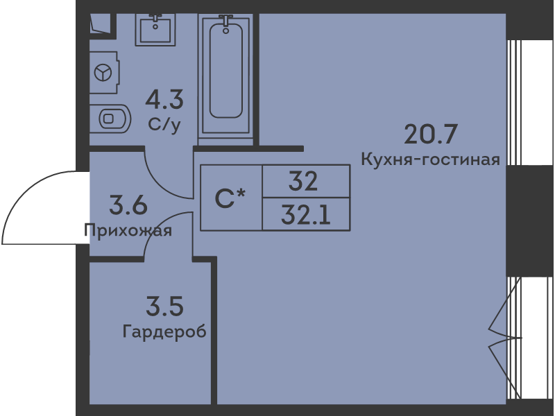 Студия 32,3 м²