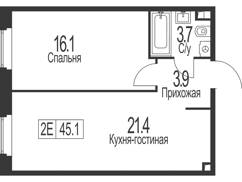 2 ккв (Евро) 45,1 м²