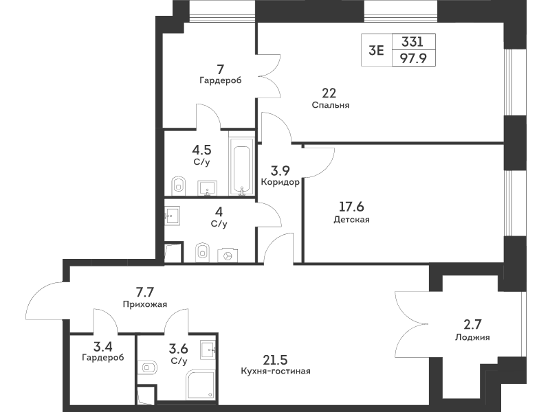 3 ккв (Евро) 97,9 м²