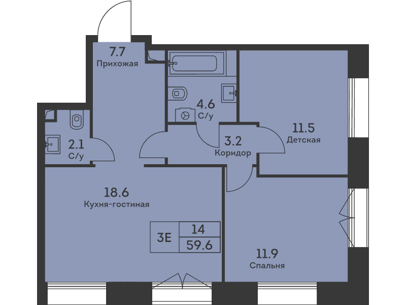 3 ккв (Евро) 59,8 м²