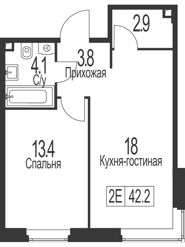 2 ккв (Евро) 42,2 м²