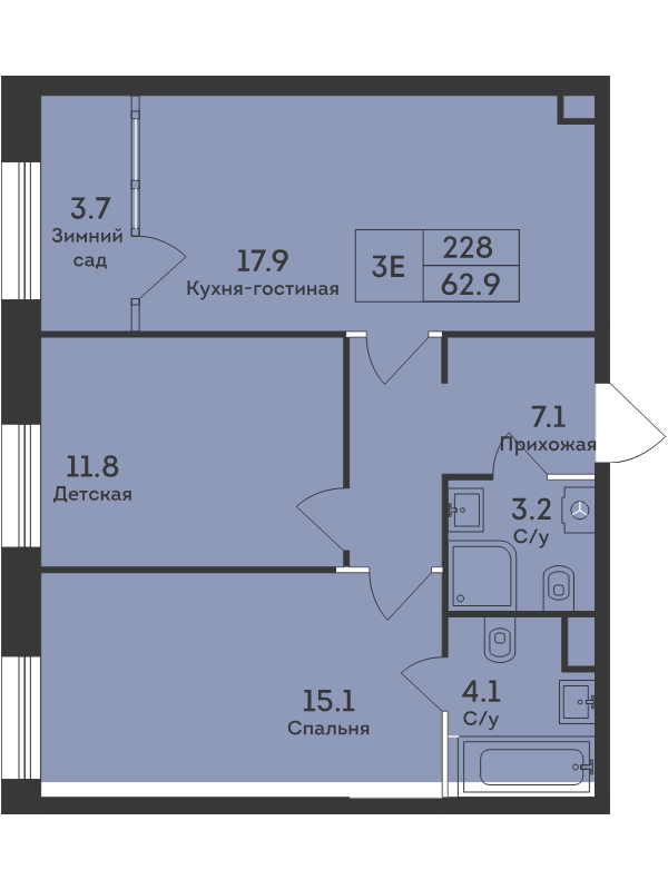 3 ккв (Евро) 62,9 м²