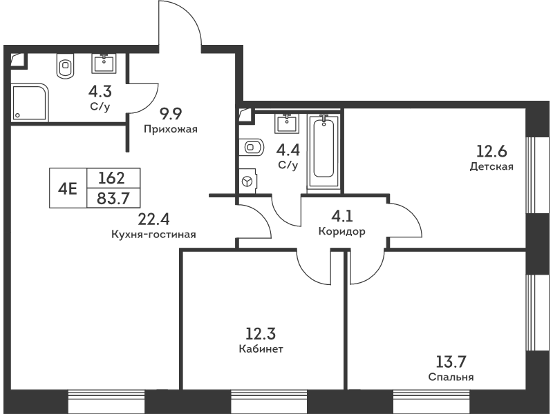 4 ккв (Евро) 83,7 м²