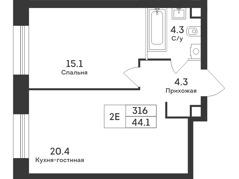 2 ккв (Евро) 45,4 м²
