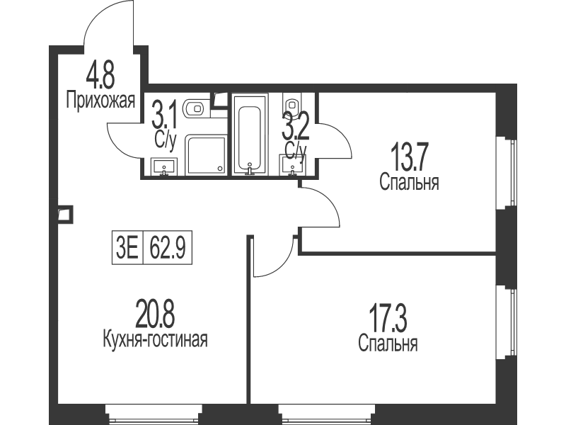 3 ккв (Евро) 62,9 м²