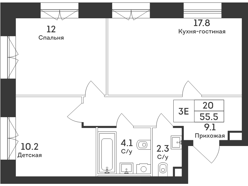 3 ккв (Евро) 55,5 м²