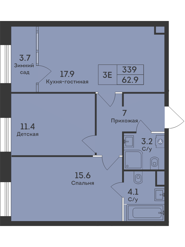 3 ккв (Евро) 62,9 м²