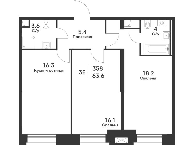 3 ккв (Евро) 64,1 м²