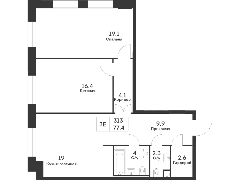 3 ккв (Евро) 77,2 м²