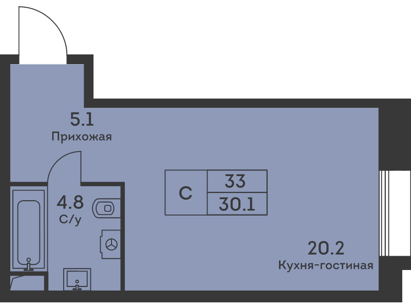 Студия 30 м²