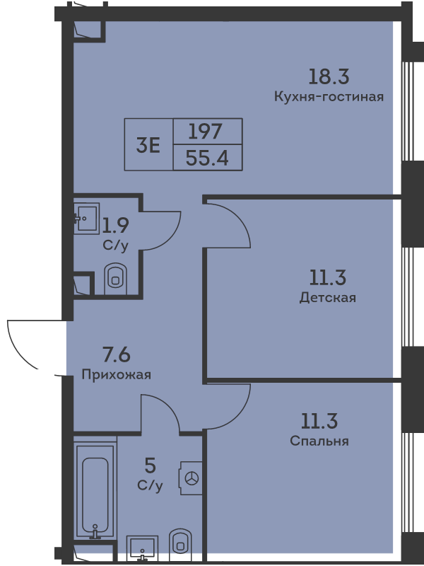 3 ккв (Евро) 55,5 м²