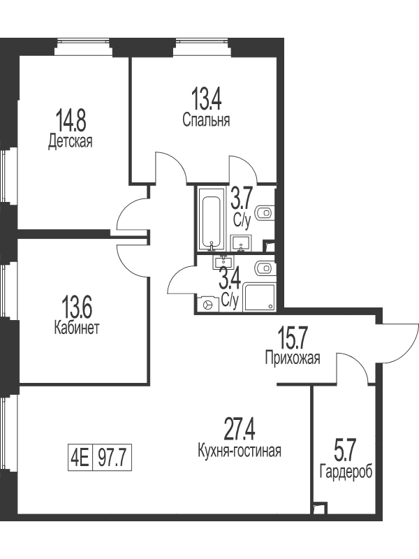 4 ккв (Евро) 97,7 м²