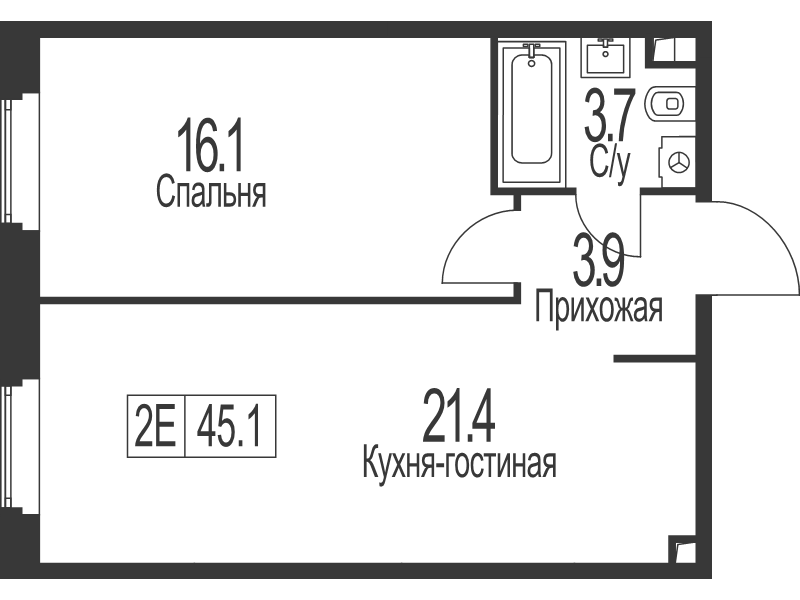 2 ккв (Евро) 45,1 м²