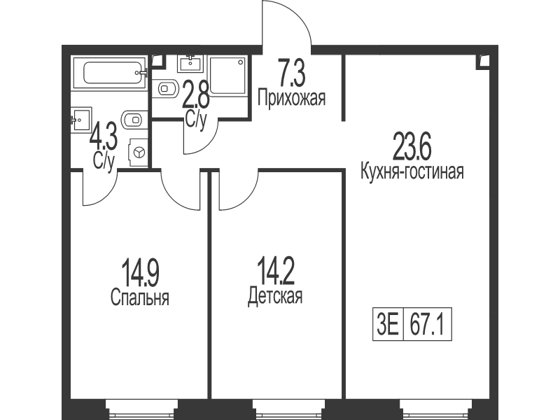 3 ккв (Евро) 67,1 м²